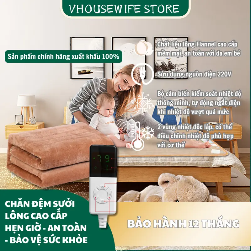 Đệm Sưởi Điện Lông Flannel Cao Cấp 2 Vùng Nhiệt Độc Lập - An Toàn - Bảo Hành 12 Tháng 0
