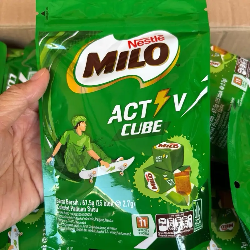 Agen distributor makanan ringan cemilan cokelat nestle milo active cube pouch chocolate paduan susu pack murah berkualitas