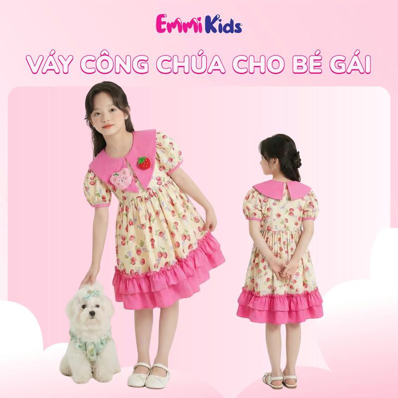  C12-EMMIKIDS Váy công chúa mặc Tết & hằng ngày cho bé gái họa tiết đính kèm gấu  10-34kg  