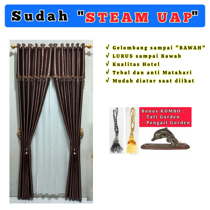 (dapat 1 Lembar) BERPONI "STEAM UAP" gorden Blackout Embos Super Tebal gordyn korden kordeng horden hordeng tirai dilengkapi Poni Dibagian Bawahnya Abu Gold Abu 5