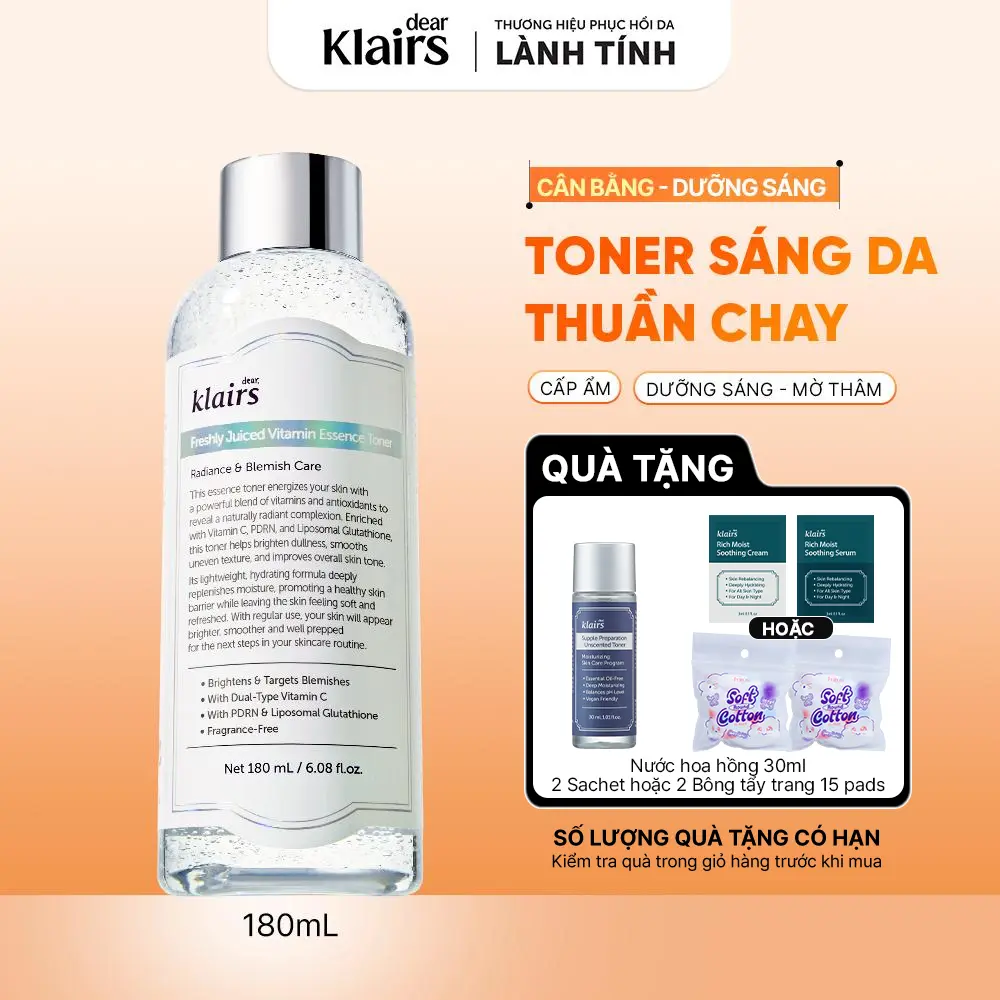Nước hoa hồng Dear, Klairs Freshly Juiced Vitamin Essence Toner 180ml [FS]