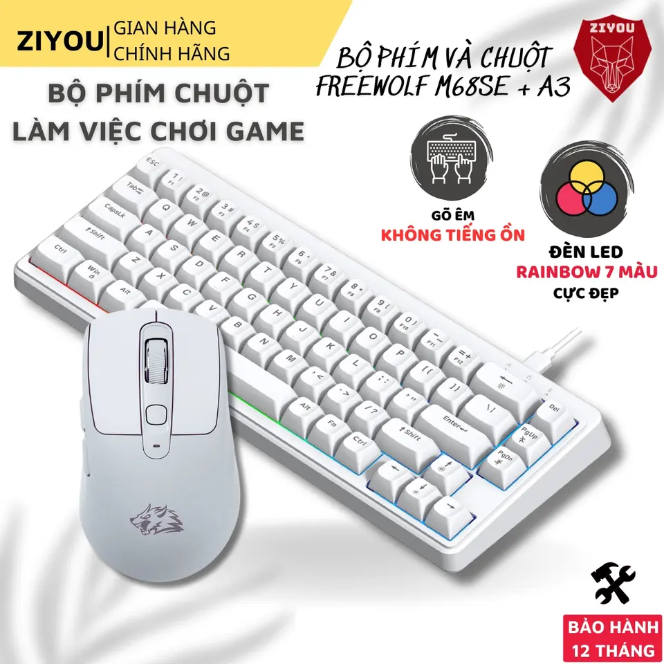Combo Bàn Phím Chuột Ziyou Free Wolf M68SE + Chuột Silent A3 – Layout 68% Mini, LED Rainbow, 22 Phím Anti-Ghosting