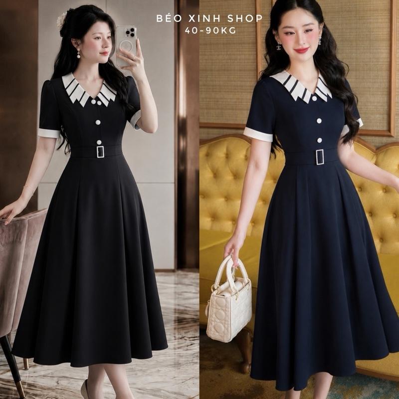 Váy Dự Tiệc Cổ Sọc Phối Vải Cotton Lạnh 40 - 95Kg Thời Trang Nữ Béo Xinh Shop - A.1405