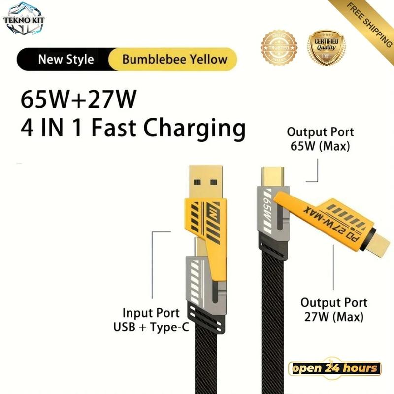 Kabel Data Fast Charging 4 IN 1 USB Type A, Type C, iOS Multiple Charging 27W + 65W Metal Data Cable Kabel Data USB A Dan TypeC IOS Iphone Dan TypeC Praktis Kabel Data 1 Meter Anti Kusut Kuat Kabel Data Multifungsi Kabel Charger 4 Port kabel  4 2