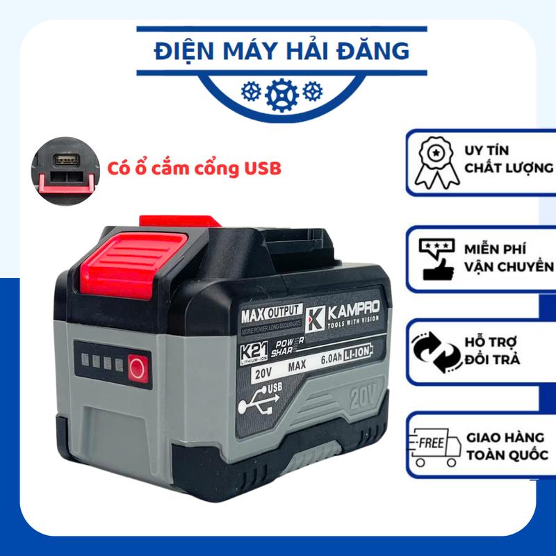 Pin KAMPRO Ultra 15Cell 6.0Ah Mạch 4 Mosfet Bảng Mạch To Chống Ngắt Tải Có Cổng Cắm USB Có Đèn Led Báo Pin Vỏ ABS Chống Va Đập Sử Dụng Chân Pin Phổ Thông