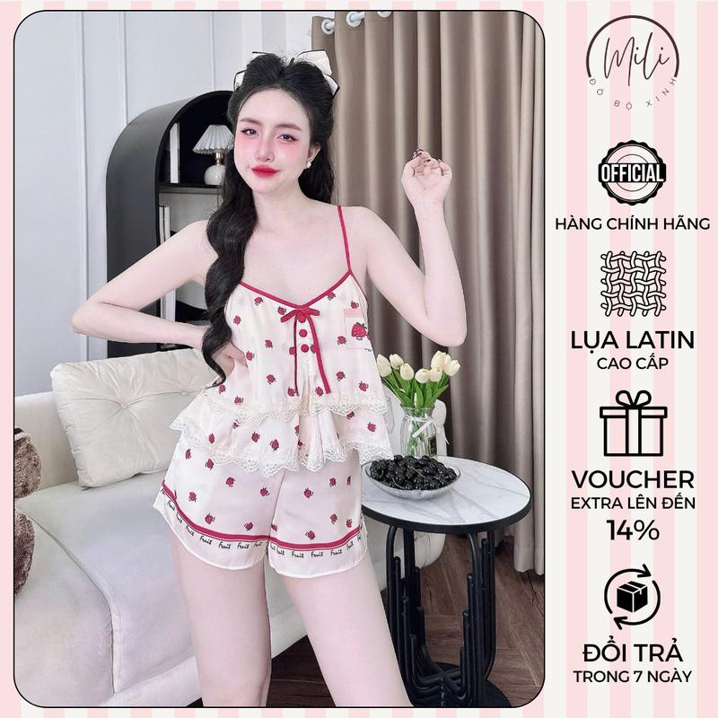 Đồ Bộ Ngủ Nữ Đồ Mặc Nhà Lụa Latin Cao Cấp MiLi – Áo 2 Dây Croptop Thắt Nơ Nút Bọc Phối Ren Bèo 2 Tầng Quần Đùi Có Túi