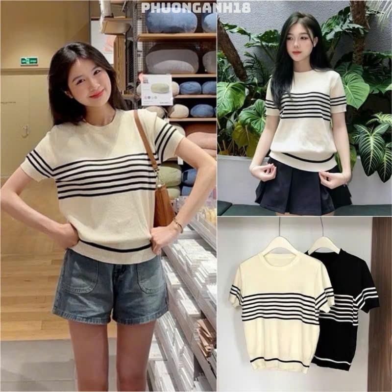 [Deal mở bán] Áo len cộc tay CÓ HOẠ TIẾT THÊU kẻ ngang A010