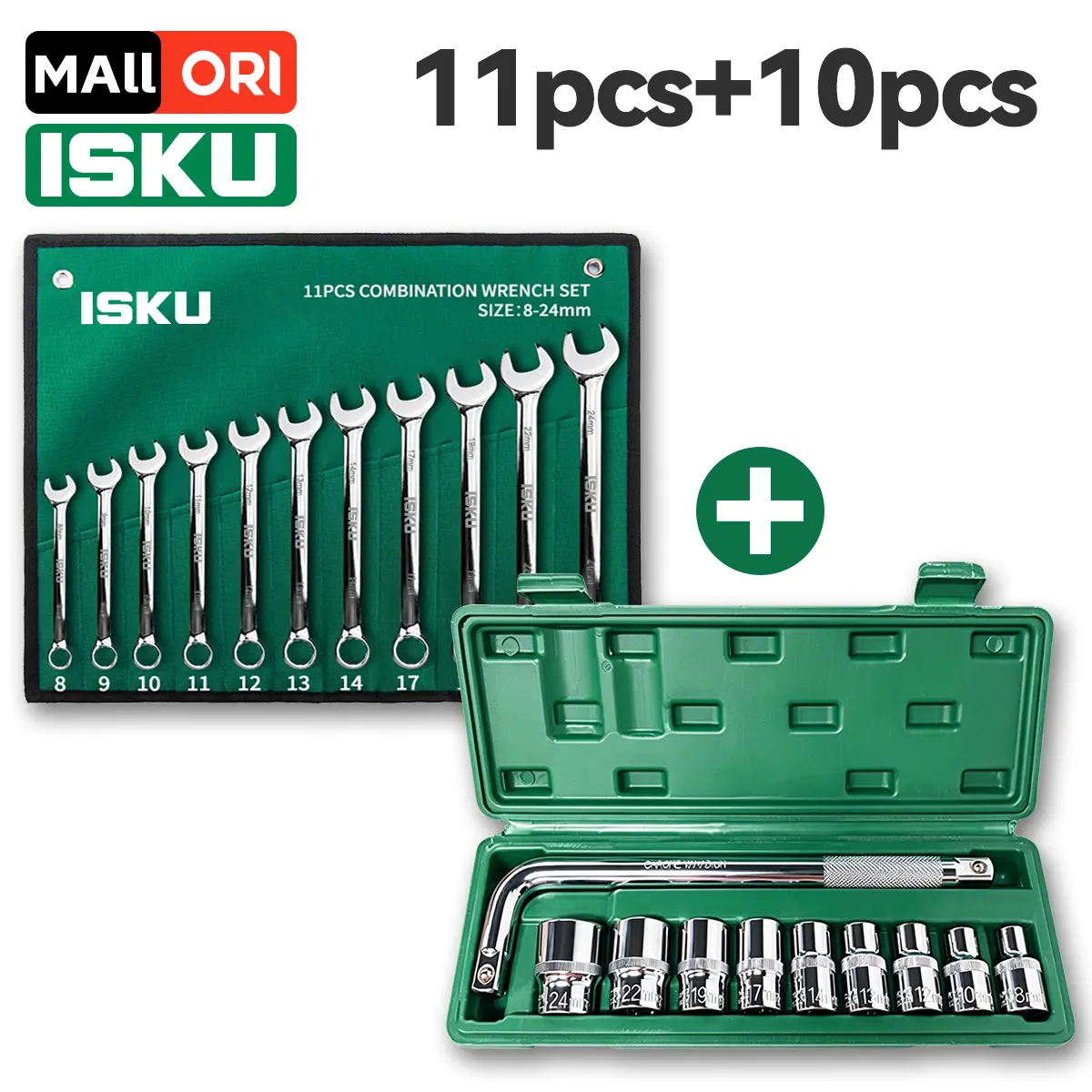 ISKU Paket 21 Pcs – Kunci Ring Pas 11 Pcs 8-24mm + Kunci Sock 10 Pcs 1/2 Inch CR-V Anti Karat untuk Profesional & Bengkel