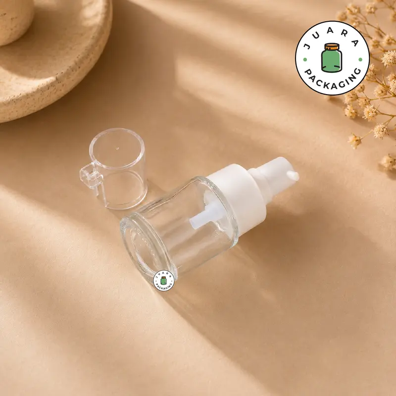 Botol Pump 20ml Kaca Bening Transparan dengan Tutup Pump – Botol Kosmetik Kaca Tebal Elegan untuk Serum, Skincare, Essence, Lotion, Wadah Refill Travel Size 20 ml