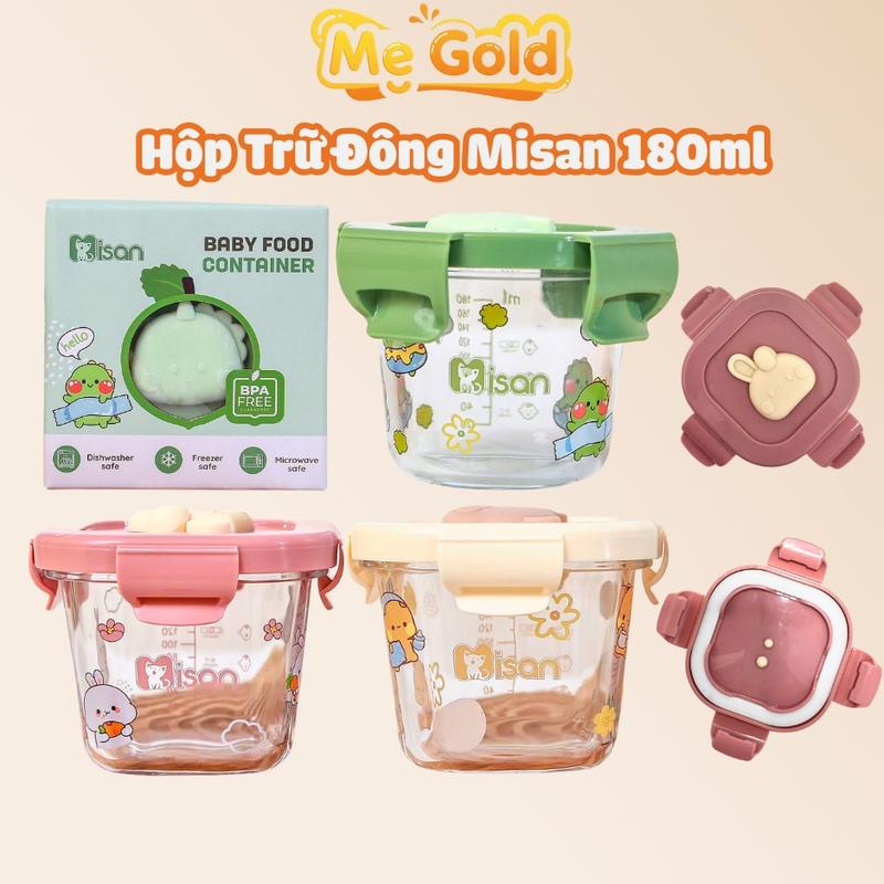  Hộp trữ đông thủy tinh Misan nắp đậy nhựa chống rò rỉ thức ăn cho bé Hộp trữ đông đồ ăn dặm cho bé có vạch chia ml làm cốc nấu cháo cho bé từ 6 tháng 