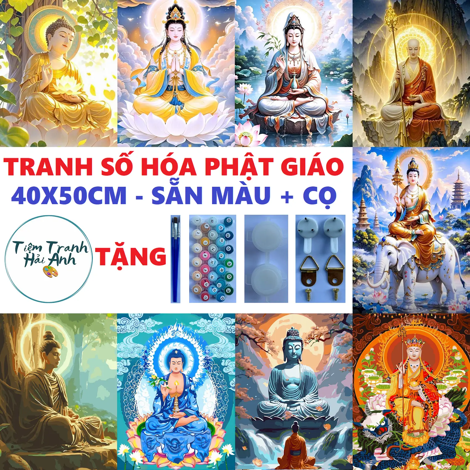 Tranh Tô Màu Theo Số 40x50 Phật Giáo Căng Sẵn Khung Tặng Cọ Vẽ, Bảng Màu, Dầu Bóng, Đinh Treo Tranh Số Hóa Sơn Dầu Acrylic Vẽ Tranh Diy Làm Đồ Handmade