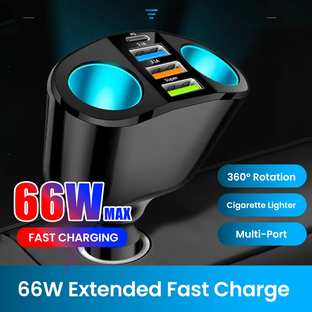 Bộ sạc điện thoại đa cổng, 66W, Sạc nhanh QC 3.0, Nhẹ hơn, Bộ Chuyển Đổi Xoay 360 °, 3USB PD Loại C Ổ cắm, Bộ sạc điện thoại trên ô tô, Tương thích với iPhone, Xiaomi và Huawei