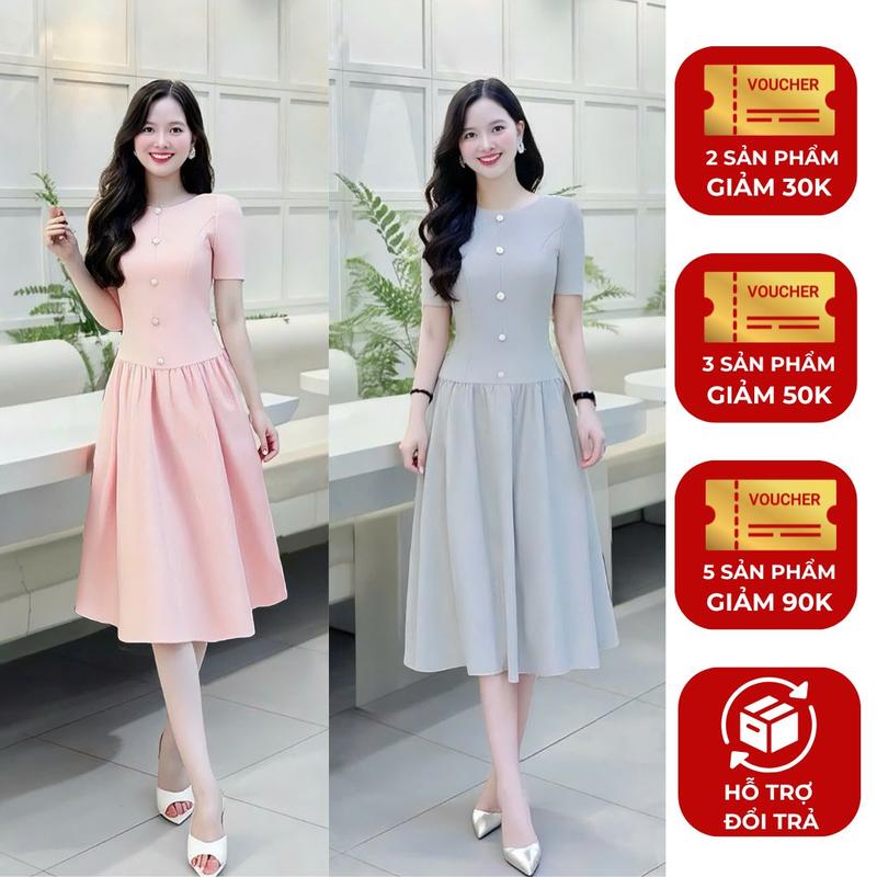 Đầm váy nữ thiết kế Nhật Vy cổ tròn tay ngắn ôm dáng xoè thắt eo hack dang lụa xước công sở văn phòng đi biển dự tiệc quà cho người yêu màu xám đen hồng - D3278 bigsize