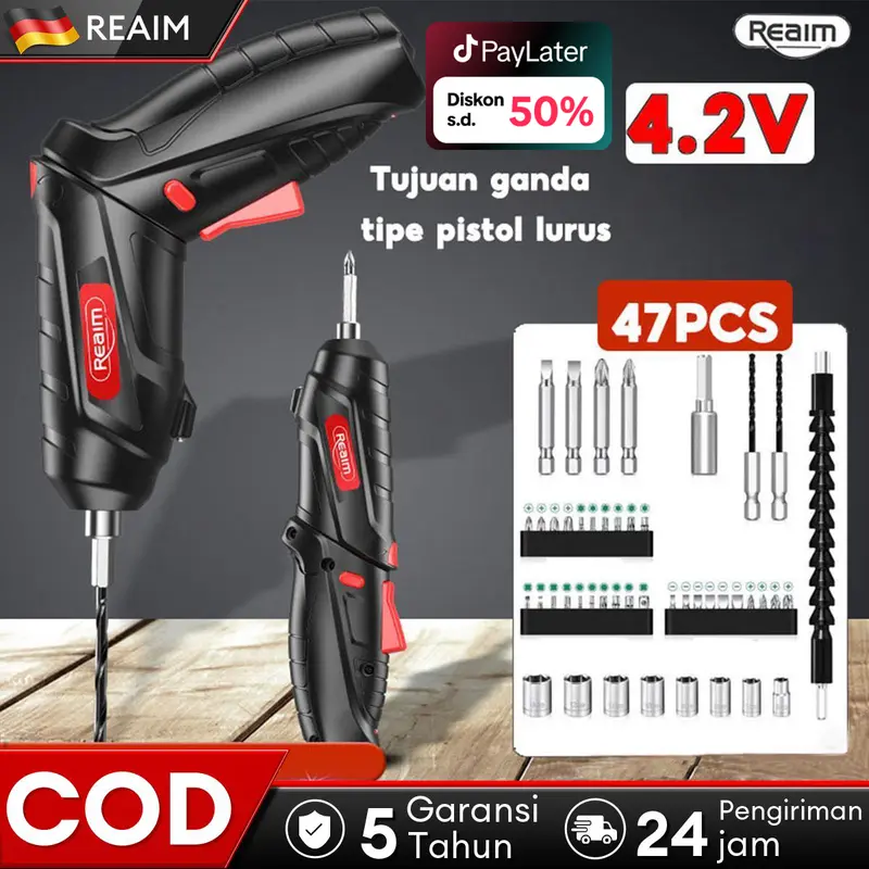 REAIM 47 Pcs Set Bor Mini Portable Screwdriver Baterai Bor Mini Cordless Screwdriver 4.2 V Impact Cordless Drill Screwdriver Baterai Mesin Bor Obeng Set Lengkap Baterai Charger 0