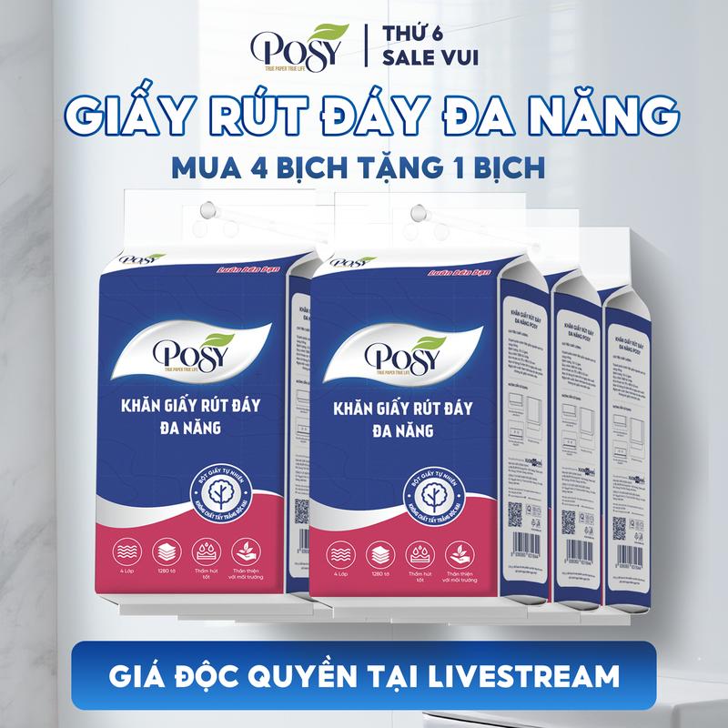   LIVE  POSY -  DEAL 3+2  Nhận ngay 5 bịch khăn giấy Posy treo tường Giấy rút Posy an toàn lành tính 1280 tờ 4 lớp đa năng 
