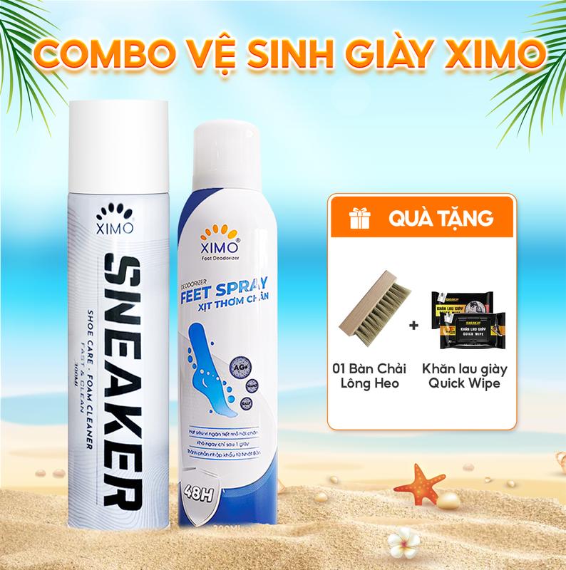 Chai vệ sinh giày Ximo + Xịt thơm chân Ximo + tặng kèm bàn chải lông heo + khăn lau sneak3r 12 miếng Nam