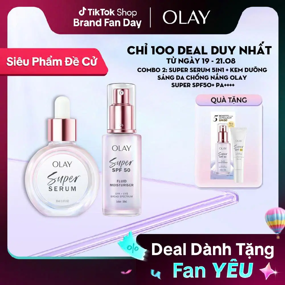 [LIVE 2] Combo 2: Super Serum 5in1 + Kem dưỡng sáng da chống nắng mỏng nhẹ Olay Super SPF50+ PA++++ dưỡng da, chống nắng, lớp lót makeup 3in1 50ml