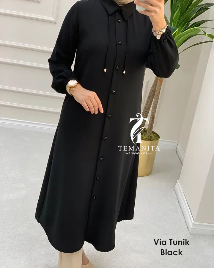 TEMAWANITA 5.1 Via Tunik Modern Panjang Long Tunik Full Kancing Pakai Tali Kece Terkini Formal Muslim