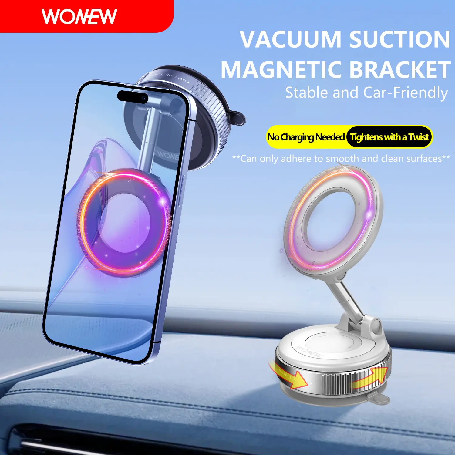 WONEW Manual Vacuum Magnetic Mount，Vacuum Adsorption Car Phone Holder，Car Navigation Suction Cup Type Phone Holder, Portable Universal Car Mount Bracket for Car, Strong Magnetic Grip