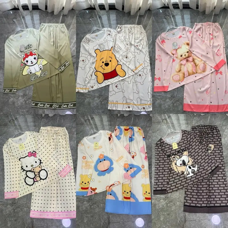 ĐỒ BỘ CỔ TRÒN LỤA LATIN 2CE , PIJAMA NỮ MẶC NHÀ (FS 40-60KG) Women Kem Top Nữ Voi Nhung