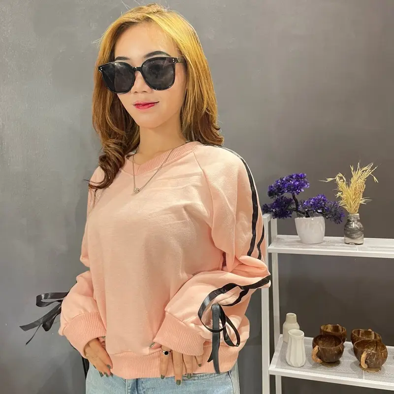 Sweater Aqeela Crop Wanita Kekinian Terbaru  Fit Crewneck Oblong Motif Lengan Pita Fleece Outer Remaja Panjang 2