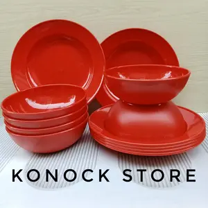 PAKET MIIKS  6 PCS DAN 12 PCS PIRING DAN MANGKUK  BULAT  MELAMIN MERAH /COCOK BUAT KEBUTUHAN SEHARI
