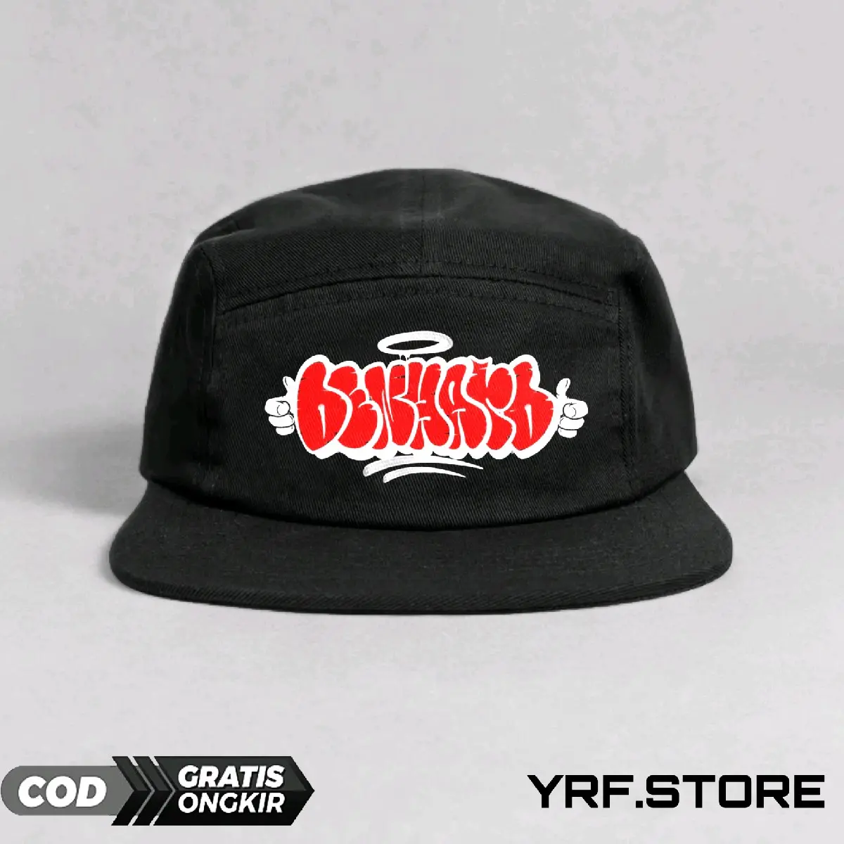Topi skena,YRF.STORE Warna Hitam dengan Logo Sablon Unik GRAFFITI putih merah Simpel,topi skena,topi snapback,topi skena outfit original 5 panel
