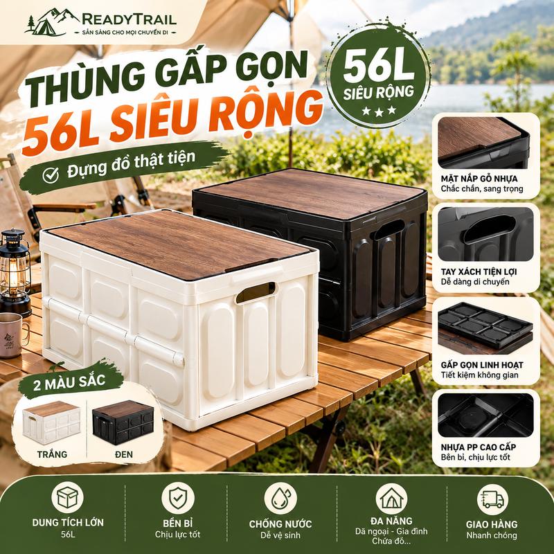 Thùng Đựng Đồ Camping Gấp Gọn 56L – Hộp Nhựa Đa Năng Kiêm Bàn, Nắp Gỗ, Đựng Đồ Cắm Trại Picnic Câu Cá