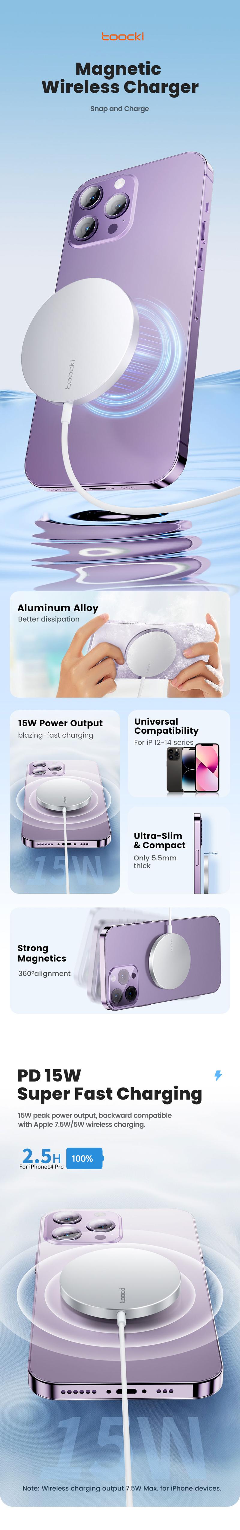 Product Introduction of Toocki 15W Magnetic Wireless Charger For iPhone 14 QI Fast Wireless Charging Pad For iPhone 13 12 Ultra Thin 5.5mm Phone Charger 0
