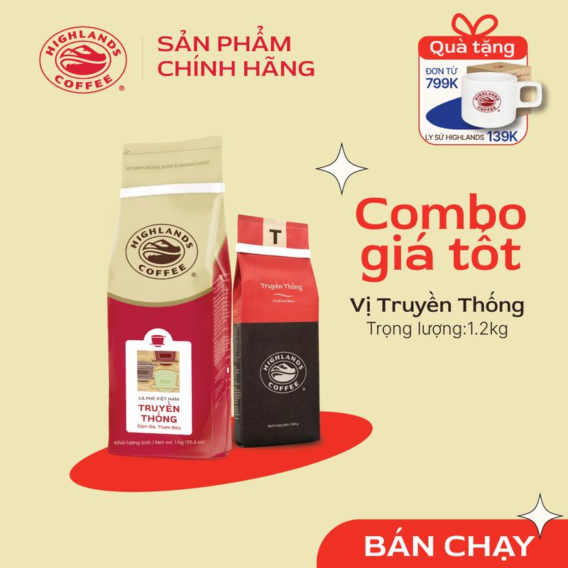 [Combo giá tốt] Cà phê rang xay Truyền thống Highlands coffee 1kg và gói 200gr Cafe
