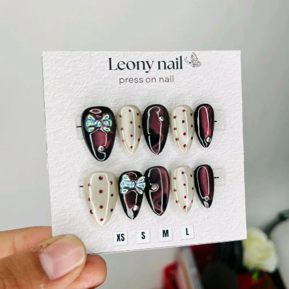 Kuku Palsu Burgundy Cat Eye Polkadot 3D Gratis Lem Gell & Toolkit / Kuku Palsu Handmade