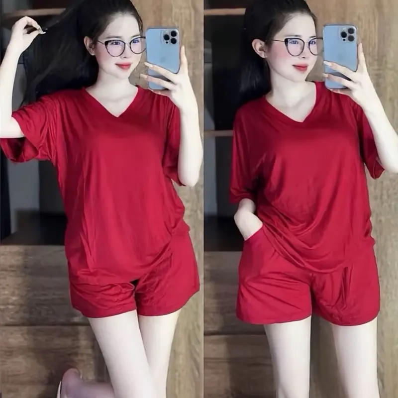 (Best seller)Đồ Bộ Áo Cổ Tim Nữ Chất Thun Lạnh Cộc Tay Bigsize Mặc Nhà - Vải Mềm Mát Mặc Ngủ Co Giãn Rộng Bầu Bí Bon Chen thoãi mái(45-90Kg) Trơn Áo Cotton đồ ngủ coquette