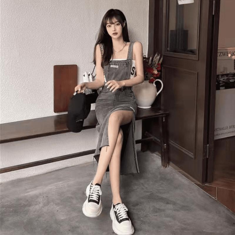XJ0106 Gaun Wanita Korea dengan Slit dan Rok Jeans Overall Loose - Shop ...