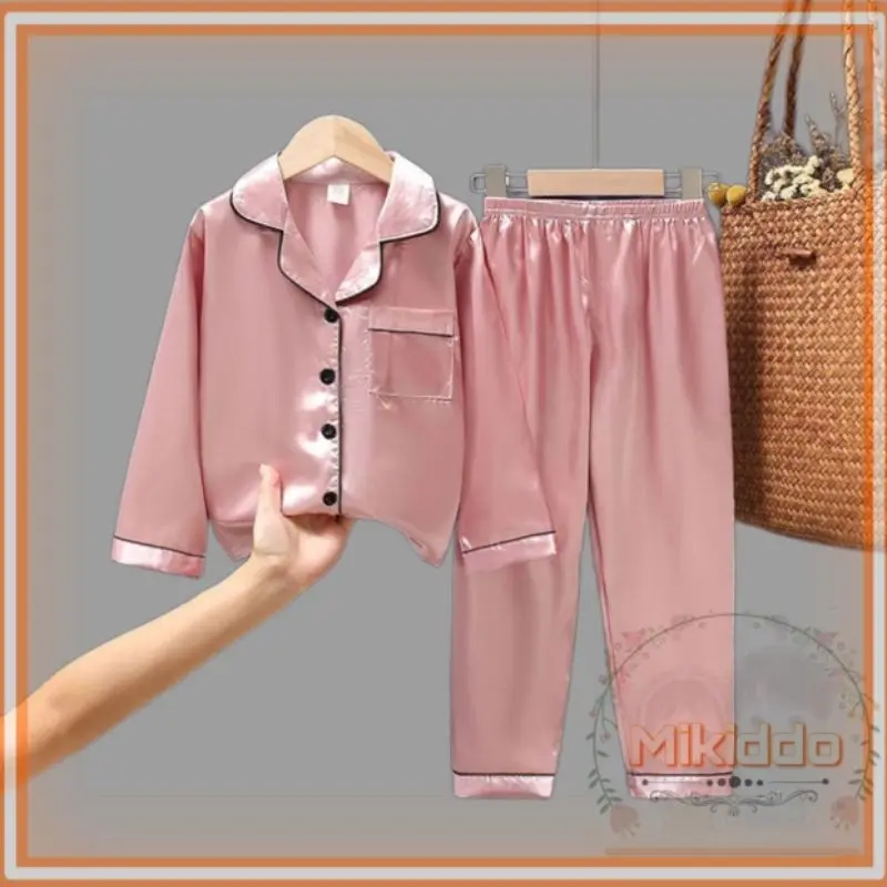 stelan baju tidur piyama dusty pink anak lengan panjang pp satin silky polos