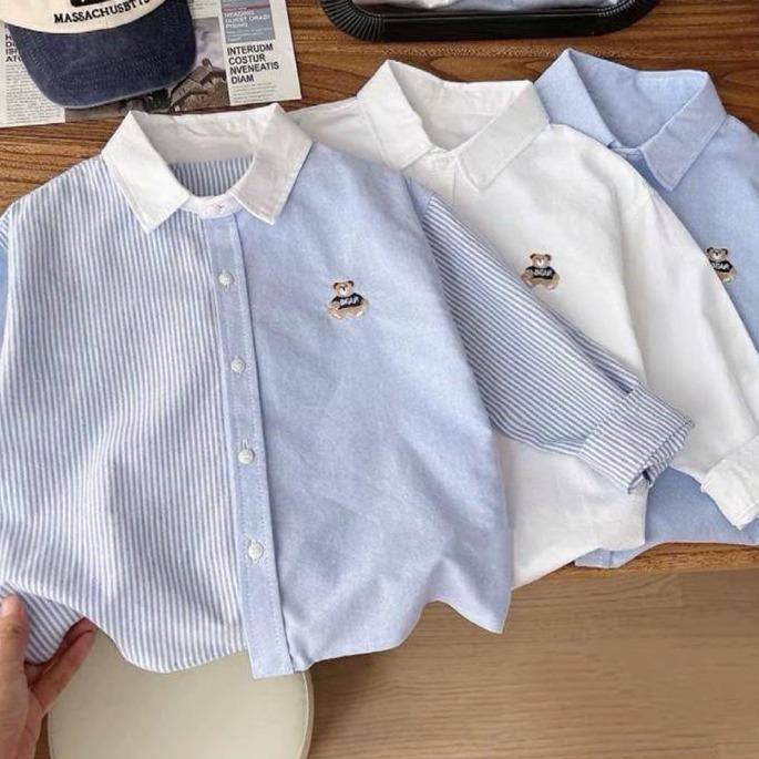  Áo sơ mi GẤU THÊU DÀI TAY chất THÔ hàn dễ mix đễ phối cho bé trai năng động cá tính sz 8-25kg có thể giặt máy Len Jean 