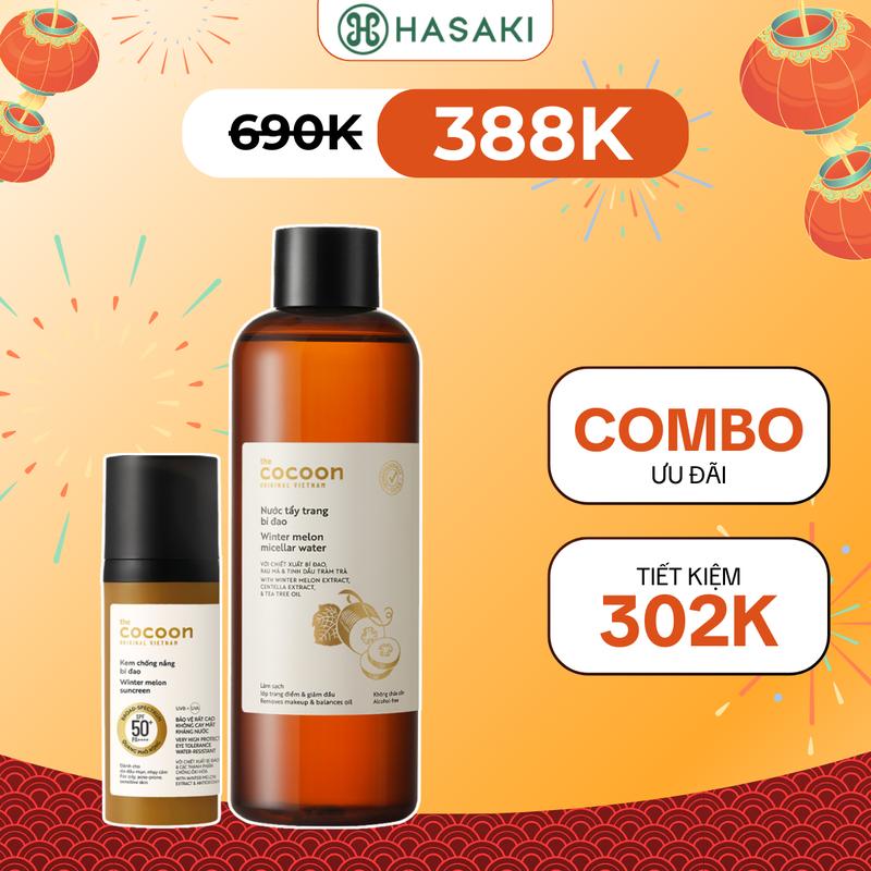 Combo Cocoon Kem Chống Nắng 50ml + Nước Tẩy Trang Bí Đao 500ml | HASAKI BEAUTY