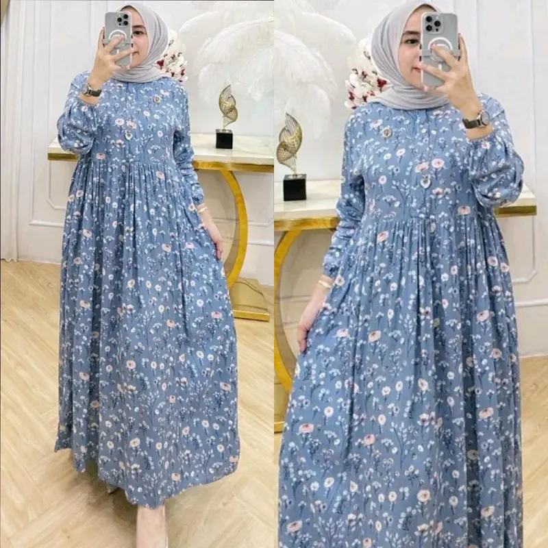 Midi Dress Flower Busui Friendly Santai A-Line Bunga Cantik Motif Nyaman Rayon Viscose Menyusui Muslim Zipper Gamis Dewasa Formal Ibu Karet Variasi Panjang Katun dress  vintage lebaran 2