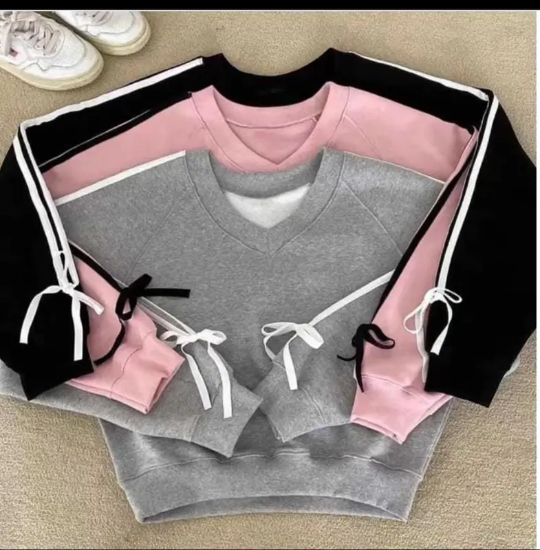 Sweater Aqeela Crop Wanita Kekinian Terbaru  Fit Crewneck Oblong Motif Lengan Pita Fleece Outer Remaja Panjang 3