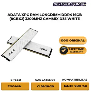 ADATA XPG RAM LONGDIMM DDR4 16GB (8GBX2) 3200MHZ GAMMIX D35 WHITE