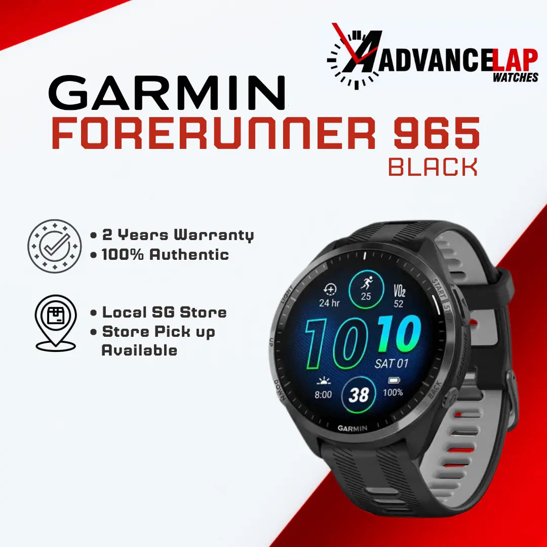 Garmin Forerunner 965 Carbon Gray DLC Titanium Bezel with Black Case and Black/Powder Gray Silicone Band