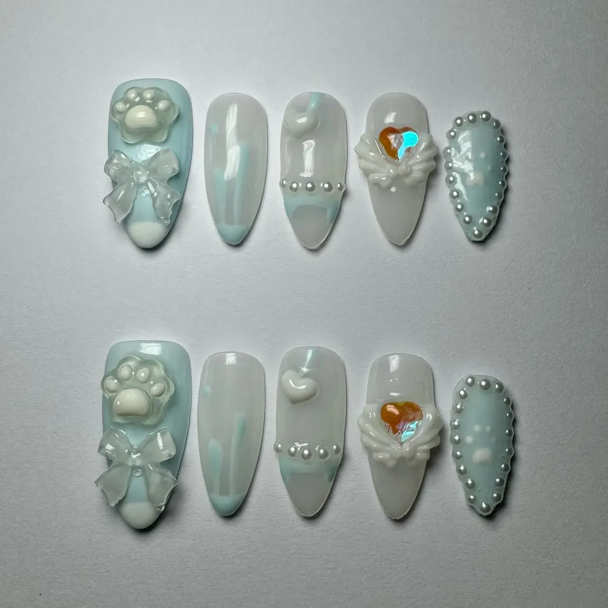 100% Handmade Blue & White Cat Paw Press on Nail Set