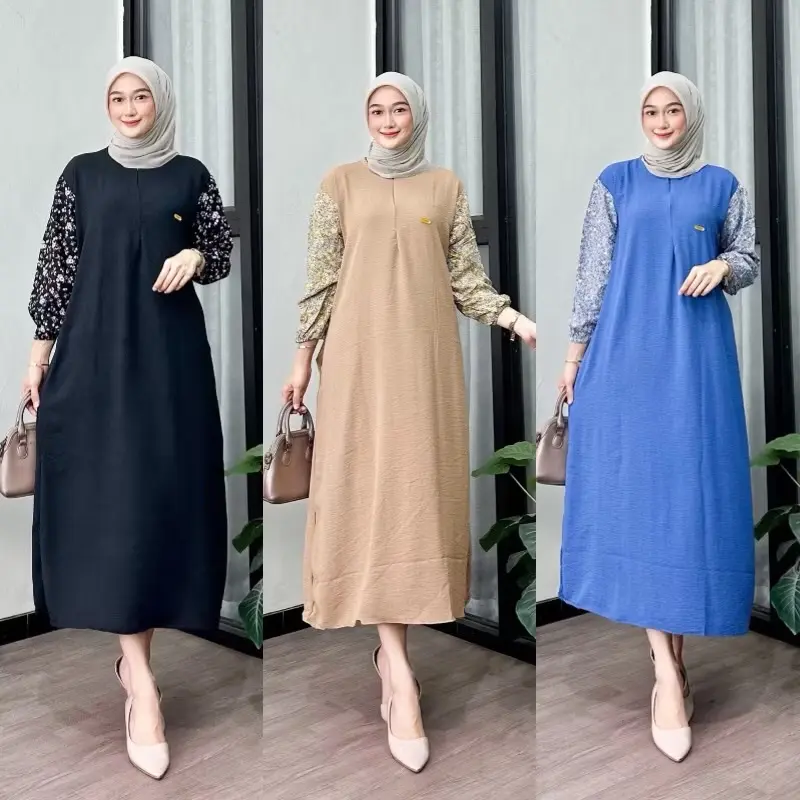 Paket Daster 3 Pcs  Gamis Crinkle Airflow Ld 120 Pb 130 Kombinasi Lengan Motif 7