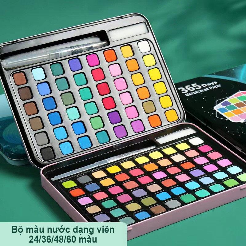 【Chuyên Nghiệp Bộ Màu Nước Dạng Bánh 24 36 48 60 Màu - Tặng Kèm Bút Lông - Hộp Đựng Tiện Lợi