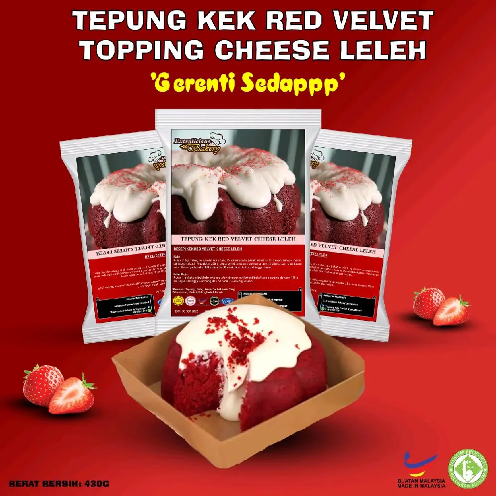 TEPUNG KEK RED VELVET TOPPING CHEESE LELEH