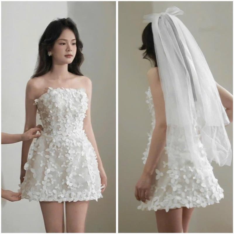Đầm cưới TRIPBLE T DRESS ngắn mini đính hoa nổi sang trọng - size S M L