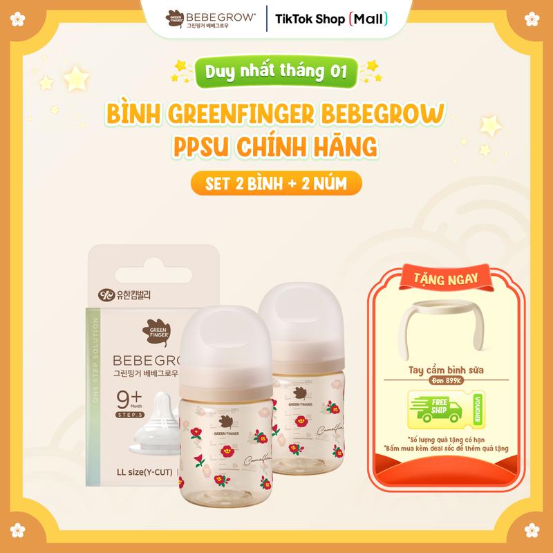   Combo 2 Bình + 2 Núm  Bình sữa núm ti cho bé Greenfinger Bebegrow chất liệu nhựa PPSU an toàn chịu nhiệt tốt 160ml 280 khăn ướt đồ dùng cho bé 