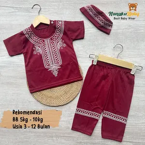 Nanaku Baby - Set Baju Muslim Bayi Laki Laki Setelan Koko Free Peci Lengan Pendek Celana Panjang Usia 3-12 Bulan