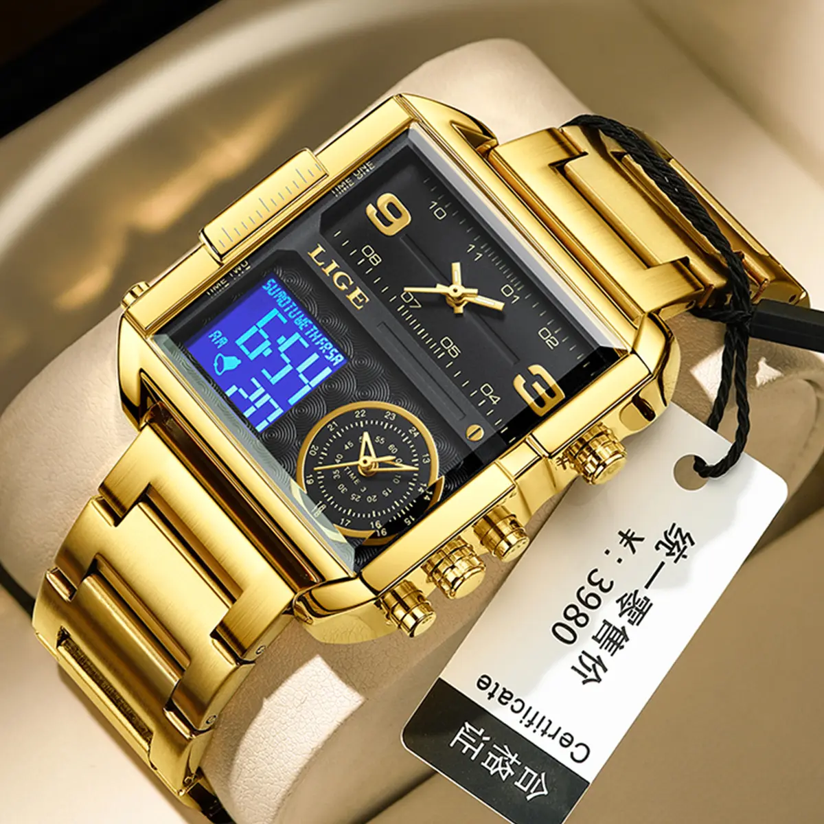 LIGE Đồng hồ nam sang trọng nguyên bản ban nhạc thép thạch anh vàng Đồng hồ hiển thị kép chống nước