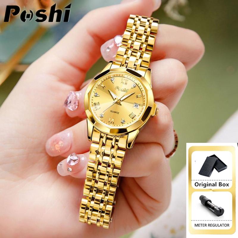 Đồng Hồ Nữ, Thương Hiệu POSHI Chính Hãng, Thời Trang, Thiết Kế Hình Thoi Sang Trọng, Không Thấm Nước, Đồng Hồ Thạch Anh Nữ, Tự Động, Có Ngày Kép, Chất Liệu Thép Không Gỉ, Đồng Hồ Vàng Dạ Quang, Dành Cho Nữ