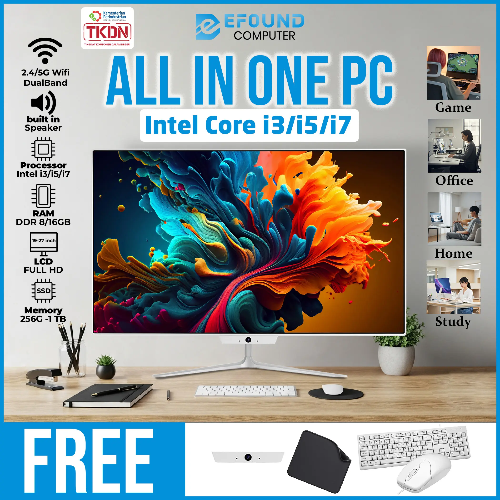 Komputer All-in-One Baru Core i3/i5/i7 RAM 8GB/16GB SSD 256GB/512GB/1TB Layar 19/22/24 Inch IPS Z2 Kamera Bawaan Wi-Fi Bluetooth Keyboard Mouse Mousepad Ready Stock Lokal